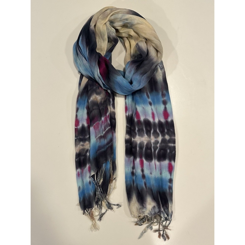 Brightly Twisted Tie Dye Twist Fringe Hem Scarf Wrap Multicolored 72x24 Approx.